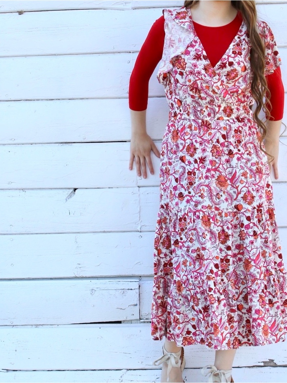Knox Rose Pink Floral Boho Tiered Midi Maxi Dress Size Small